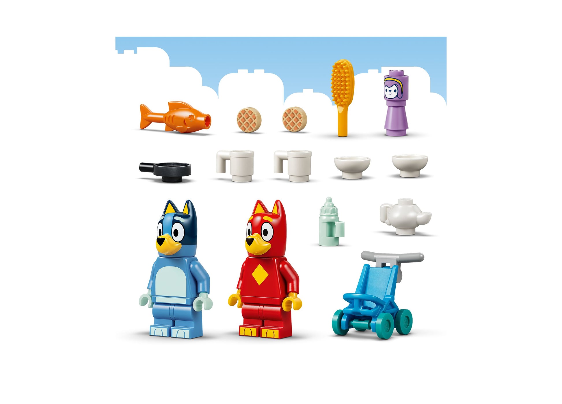LEGO Bluey School 11221 building set with blue and red Bluey minifigures, accessories, and pieces