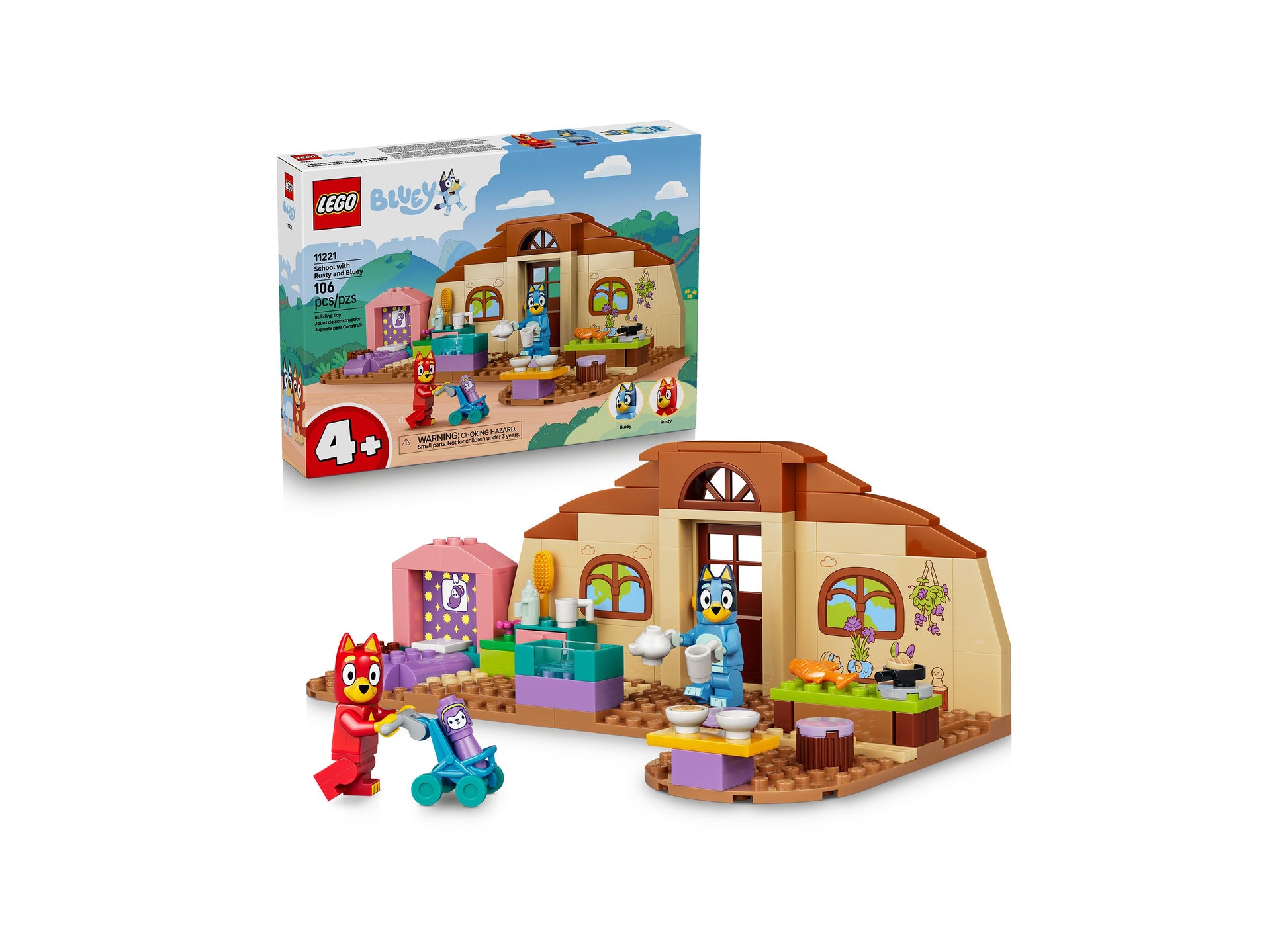 LEGO Bluey School 11221 building set with brown house, colorful interior, and red Bluey minifigure