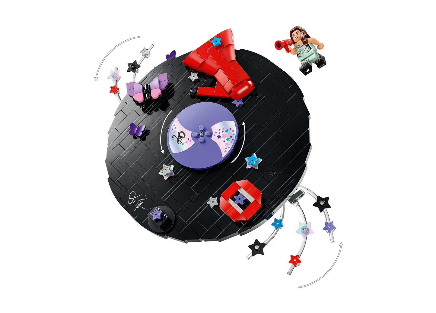 LEGO Olivia Rodrigo's Vinyl 43028 building set with red record player, purple center, and minifigure