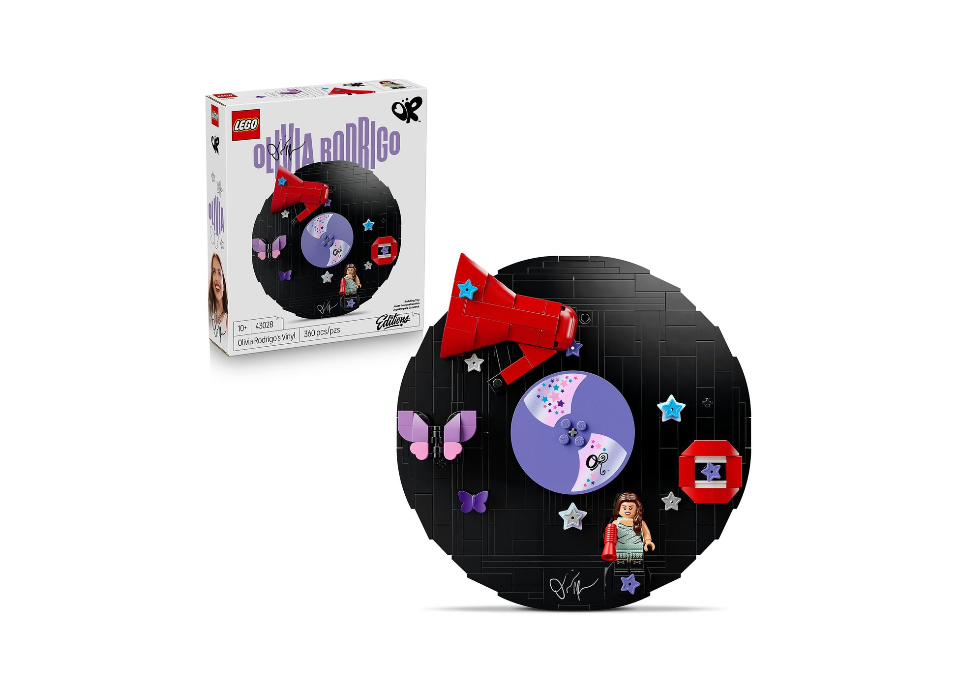 LEGO Olivia Rodrigo Vinyl 43028 building set with black circular design, red bow, purple butterflies, and minifigure