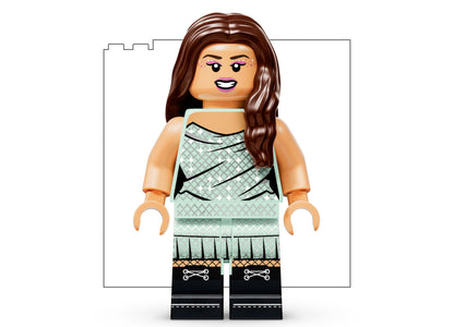 LEGO Olivia Rodrigo minifigure with brown hair, purple eyeshadow, green sequin dress and black boots