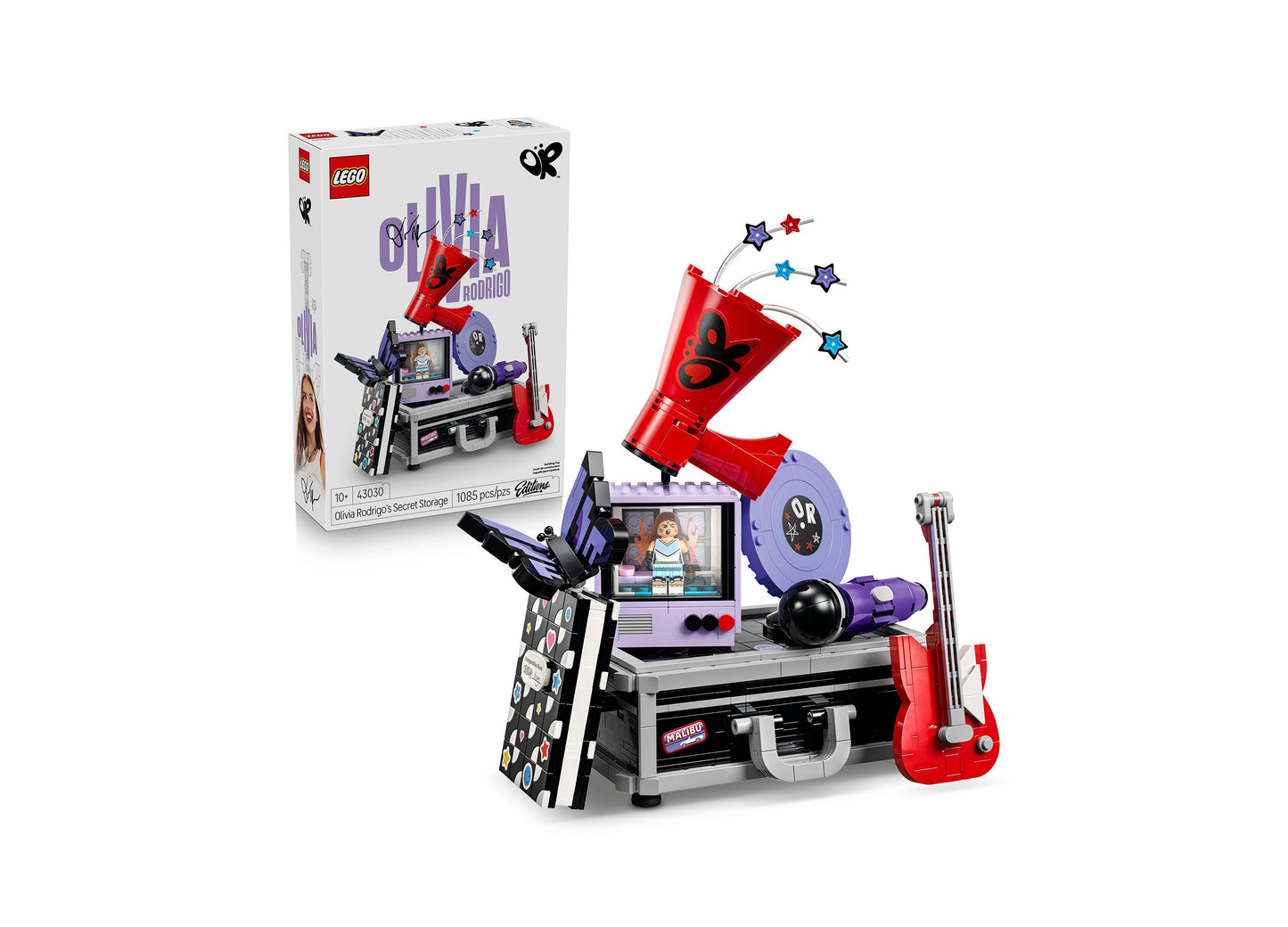 LEGO Olivia Rodrigo Secret Storage 43030 set with purple storage unit, red guitar, and colorful star decorations