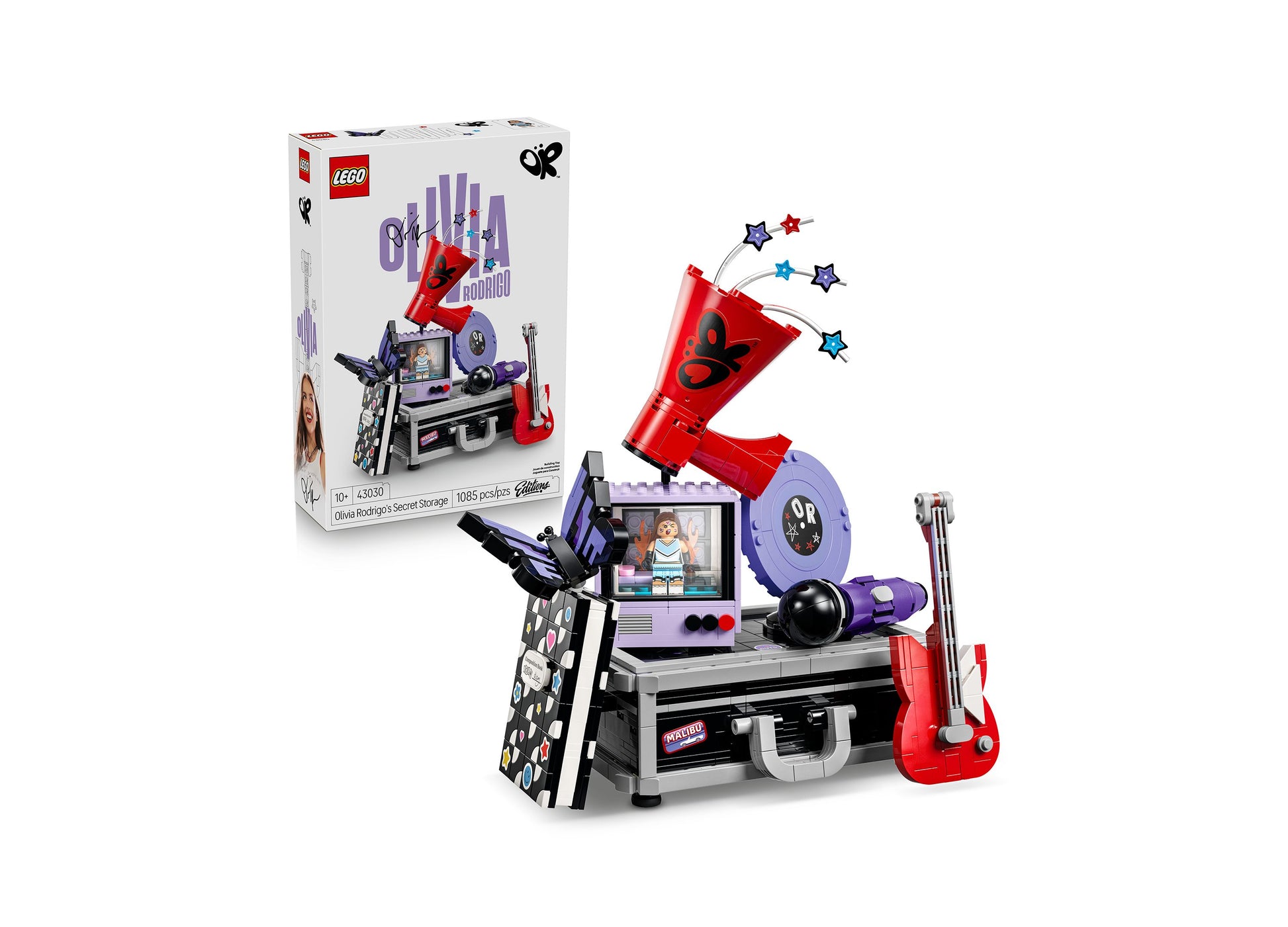 LEGO Olivia Rodrigo Secret Storage 43030 set with purple storage unit, red guitar, and colorful star decorations