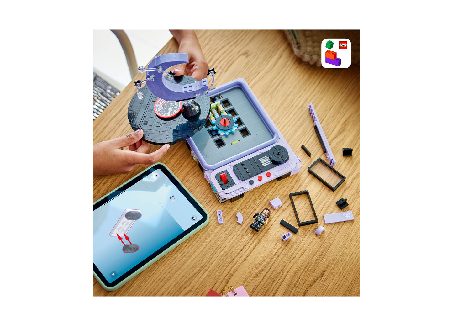 LEGO Olivia Rodrigo Concert Moon 43029 rotating record player building set with purple device and smartphone app