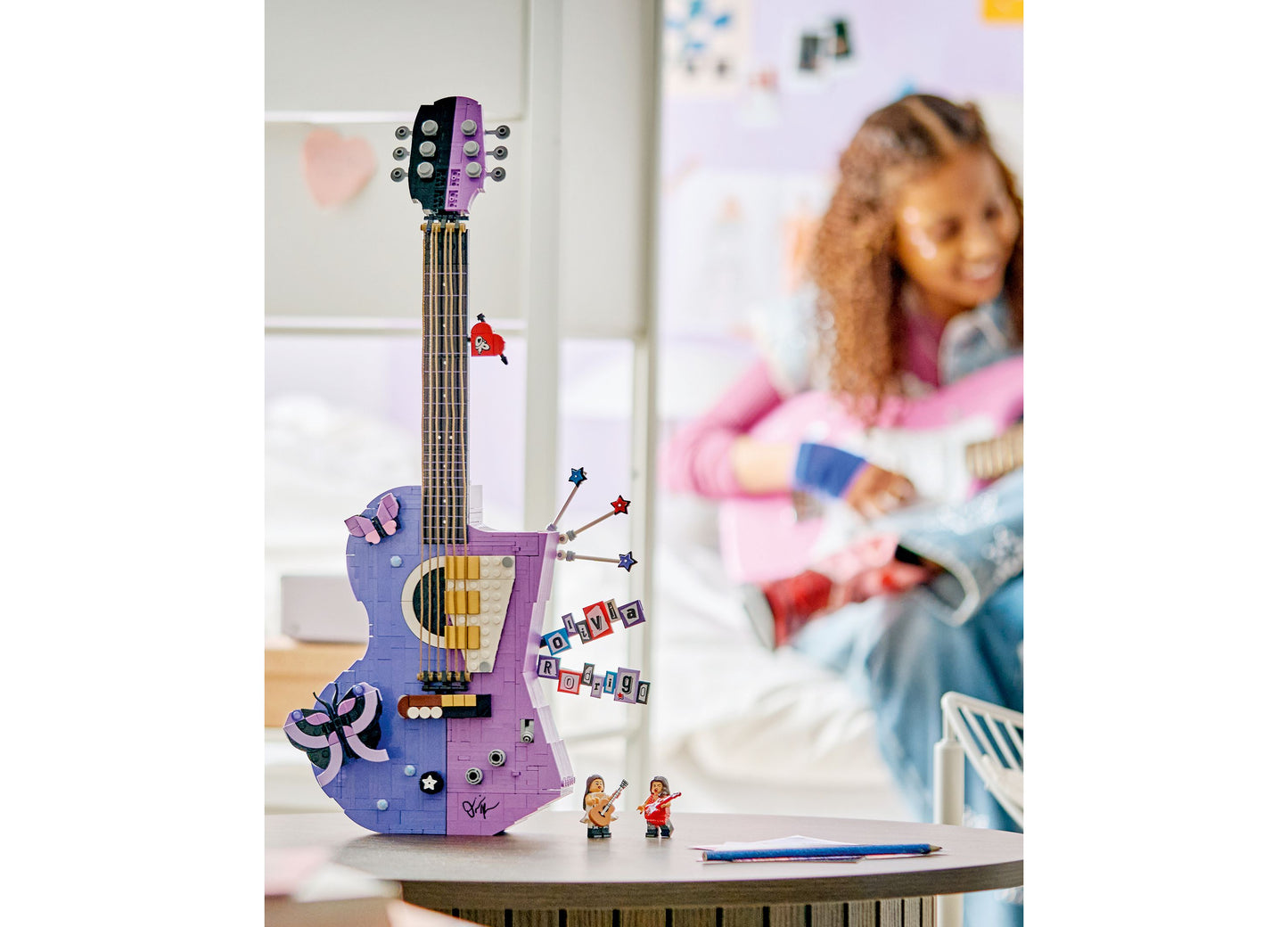 LEGO Olivia Rodrigo Dual Guitar 43031 purple and blue buildable guitar set with minifigures