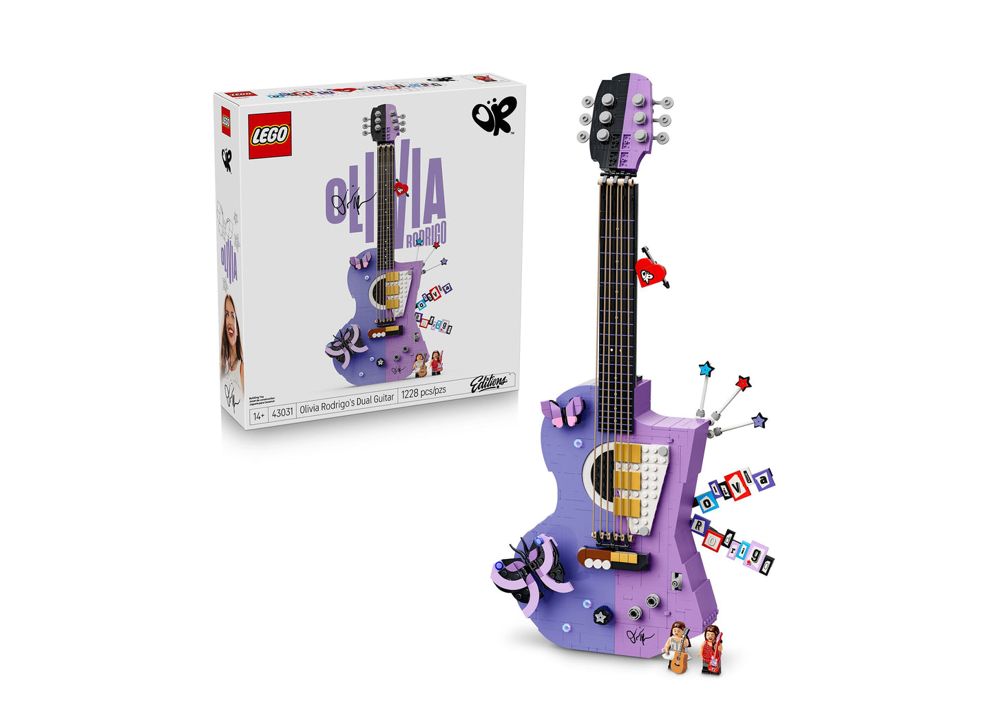 LEGO Olivia Rodrigo Dual Guitar 43031 purple buildable guitar set with minifigures