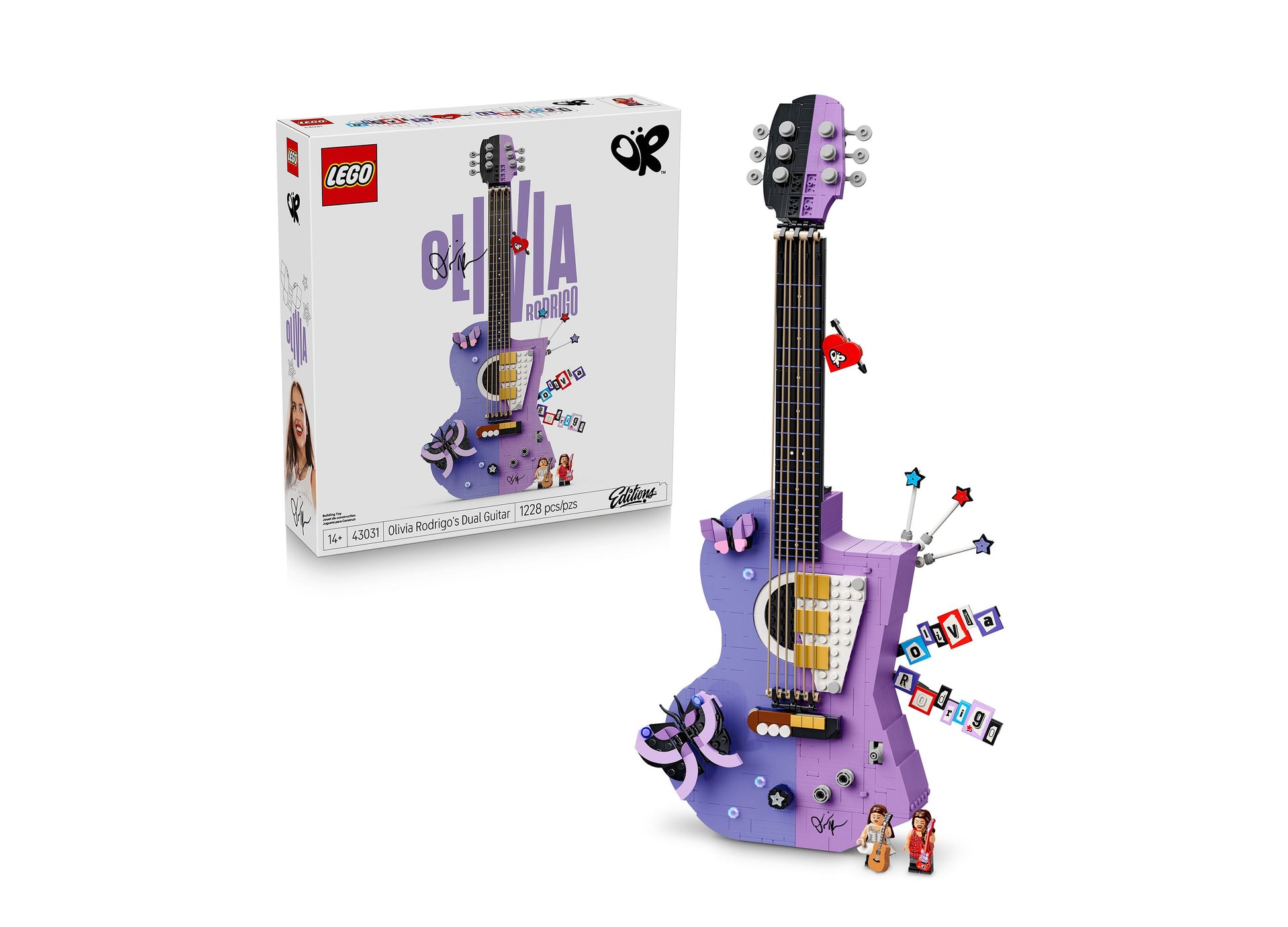 LEGO Olivia Rodrigo Dual Guitar 43031 purple buildable guitar set with minifigures
