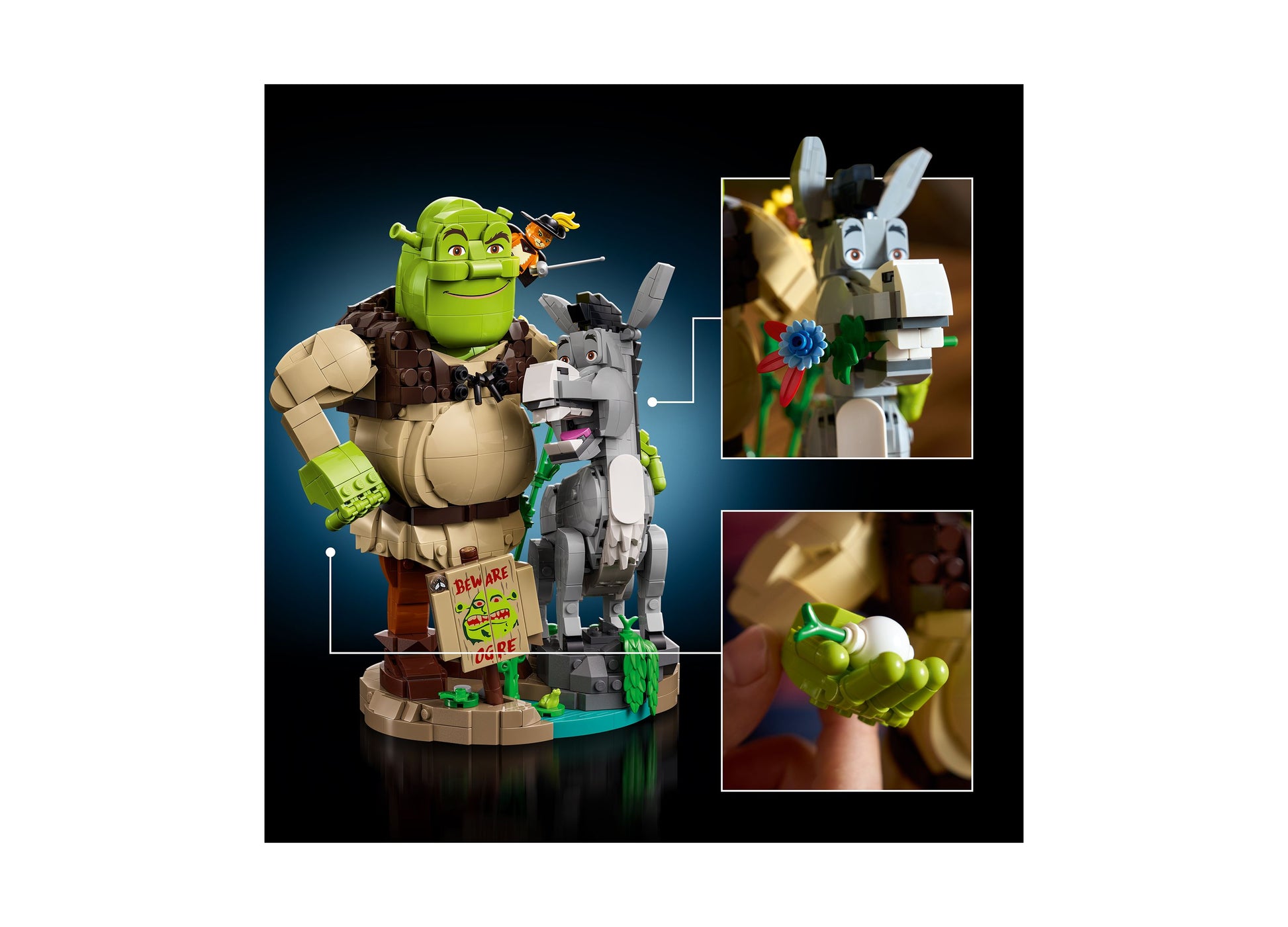 LEGO Shrek 72423 building set featuring green Shrek figure, gray Donkey, and white Puss in Boots with detailed access...