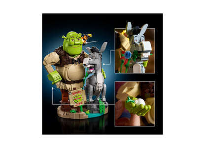LEGO Shrek 72423 building set featuring green Shrek figure, gray Donkey, and white Puss in Boots with detailed access...