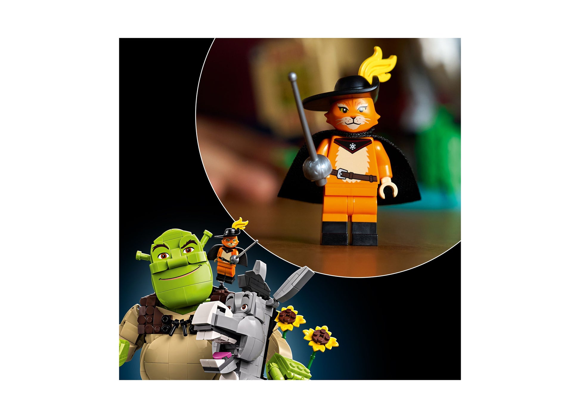 LEGO Shrek 72423 building set featuring Shrek, Donkey, and Puss in Boots minifigures with accessories