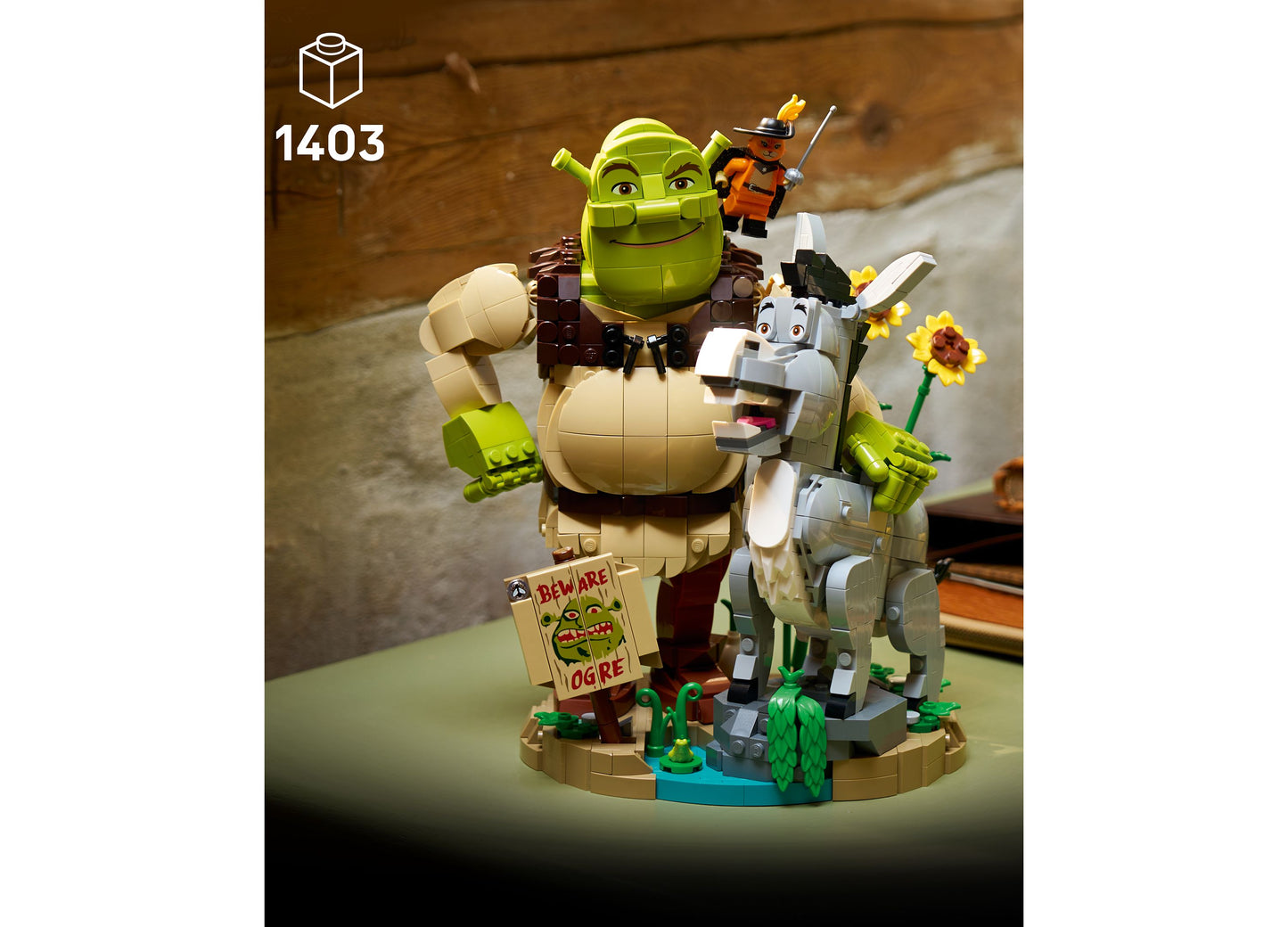 LEGO Shrek 1403-piece building set featuring green Shrek, Donkey, and Puss in Boots minifigures with swamp base
