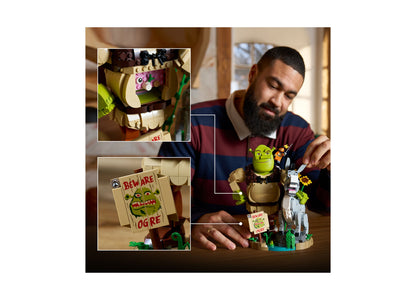 LEGO Shrek 72423 set with buildable Shrek, Donkey, and Puss in Boots figures displayed by adult builder