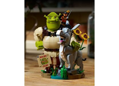 LEGO Shrek 72423 building set featuring green Shrek figure with Donkey and Puss in Boots characters