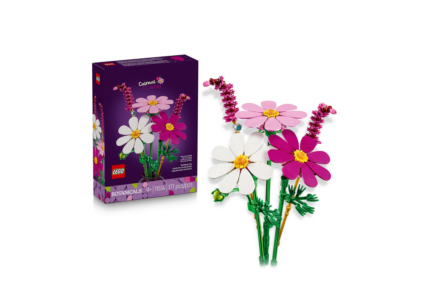 LEGO Cosmos Flowers 11514 building set with pink, white, and magenta flowers with green stems