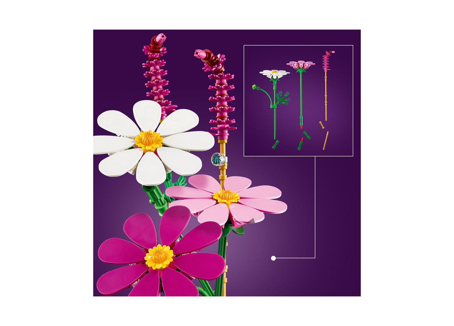 LEGO Cosmos Flowers 11514 building set featuring colorful daisy flowers in white, pink, and magenta with yellow centers