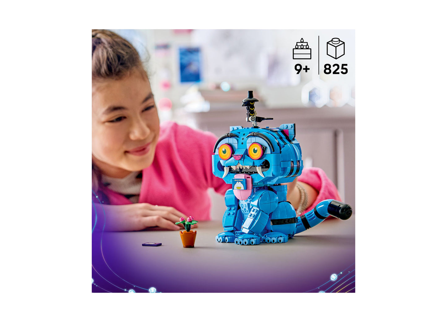 LEGO KPop Demon Hunters blue tiger robot with yellow eyes, 825-piece building set for ages 9+