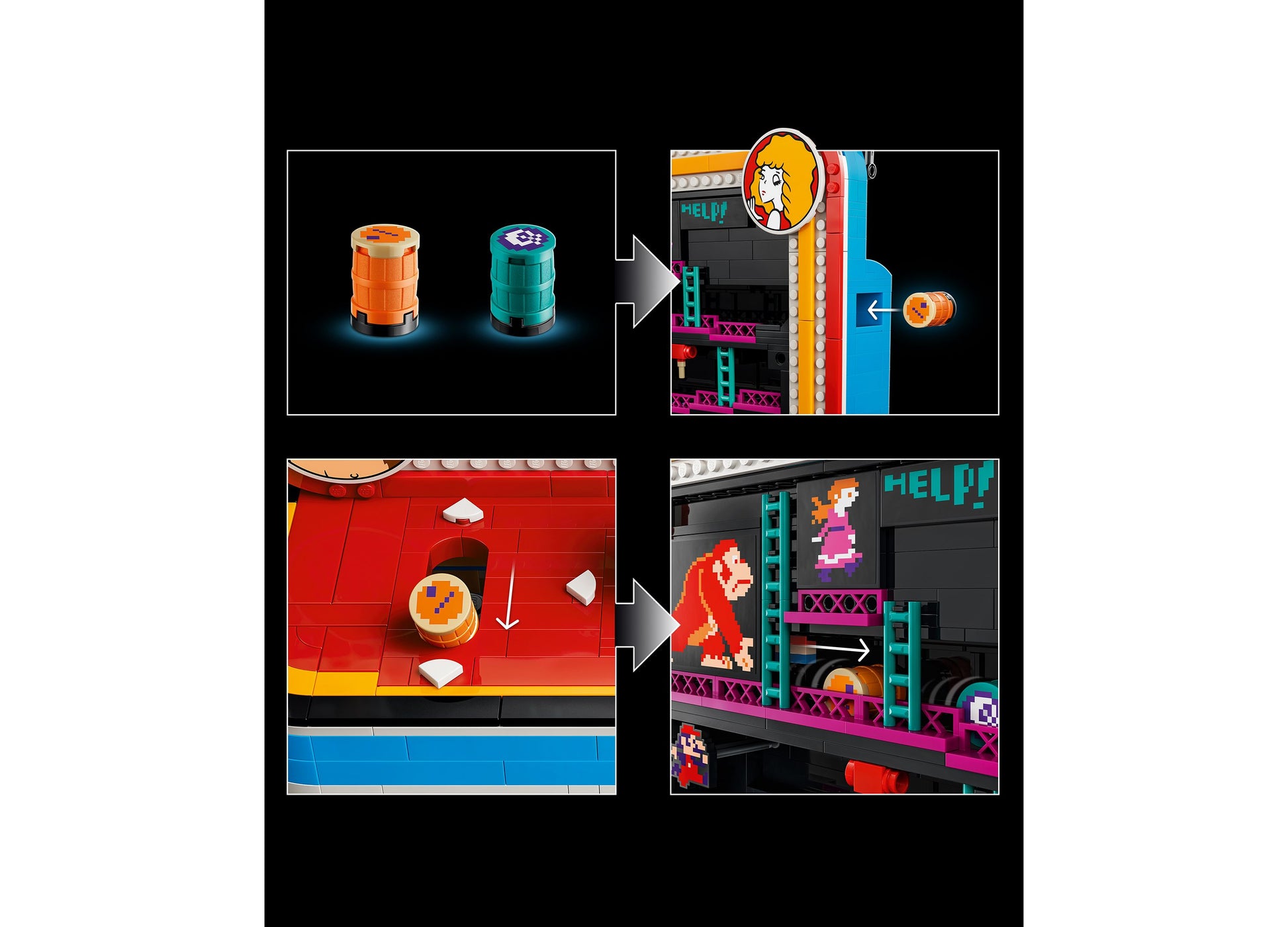 LEGO Super Mario Donkey Kong Arcade 72051 building set with orange barrels and cyan elements