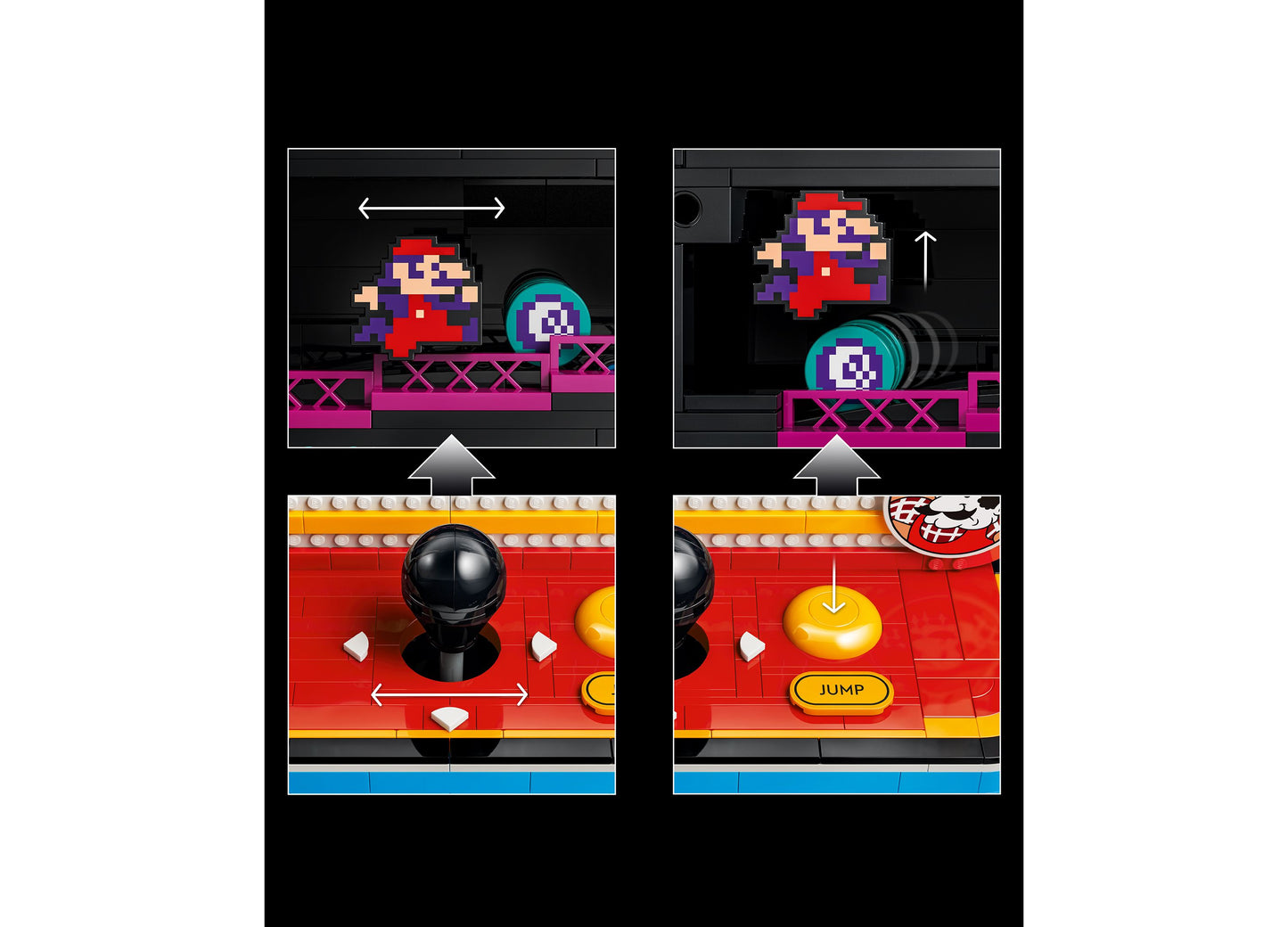 LEGO Super Mario Donkey Kong Arcade set showing pixel art Mario character and interactive ball launcher game mechanics