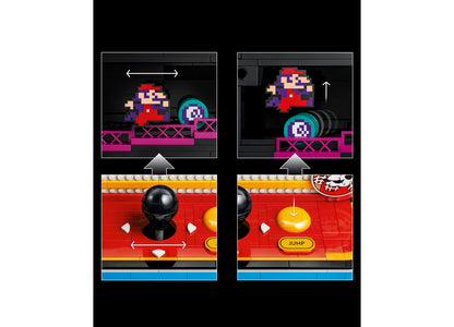 LEGO Super Mario Donkey Kong Arcade set showing pixel art Mario character and interactive ball launcher game mechanics
