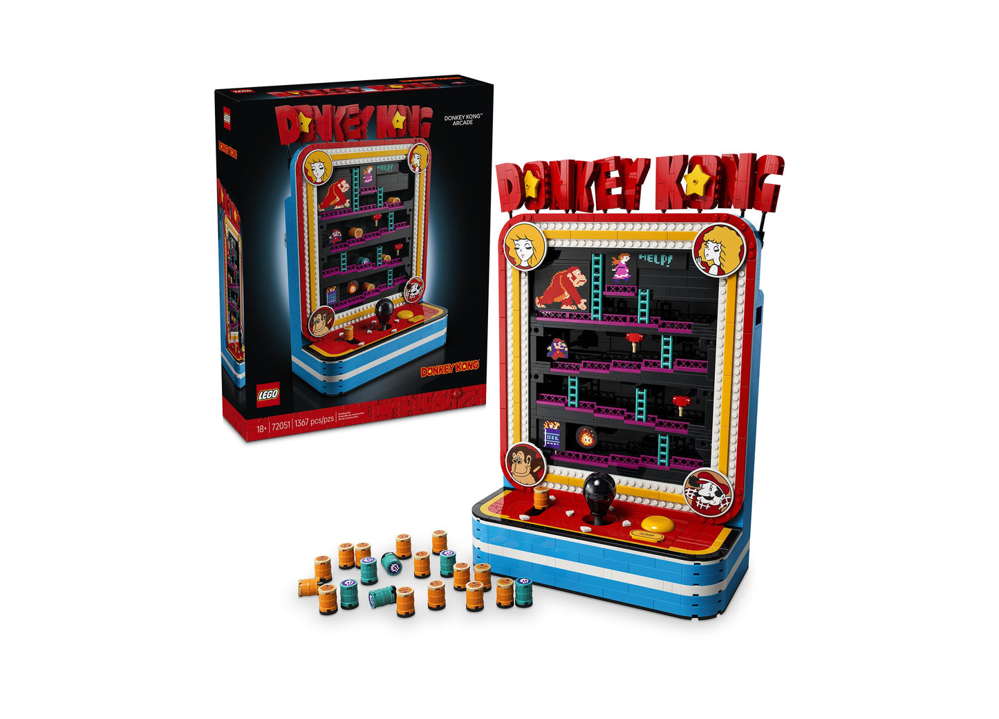 LEGO Donkey Kong Arcade 72051 building set with red and blue arcade cabinet and colorful barrel pieces