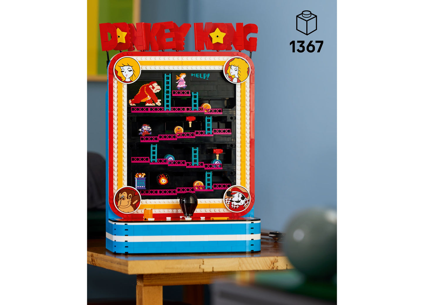 LEGO Super Mario Donkey Kong Arcade set with red and blue base, featuring classic arcade game design