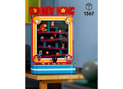 LEGO Super Mario Donkey Kong Arcade set with red and blue base, featuring classic arcade game design