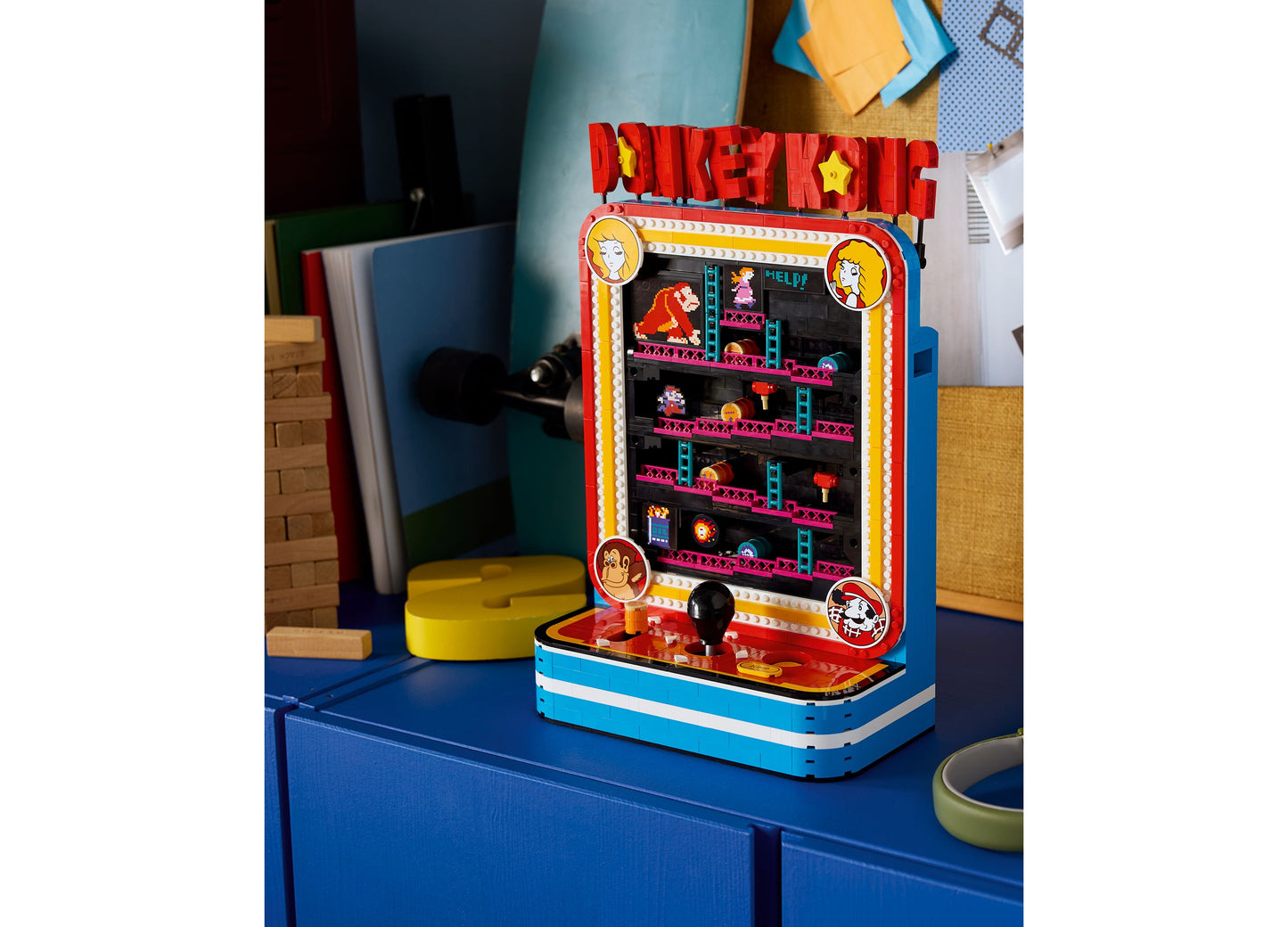 LEGO Super Mario Donkey Kong Arcade set displaying colorful red, blue, and yellow retro arcade cabinet with pixel art...