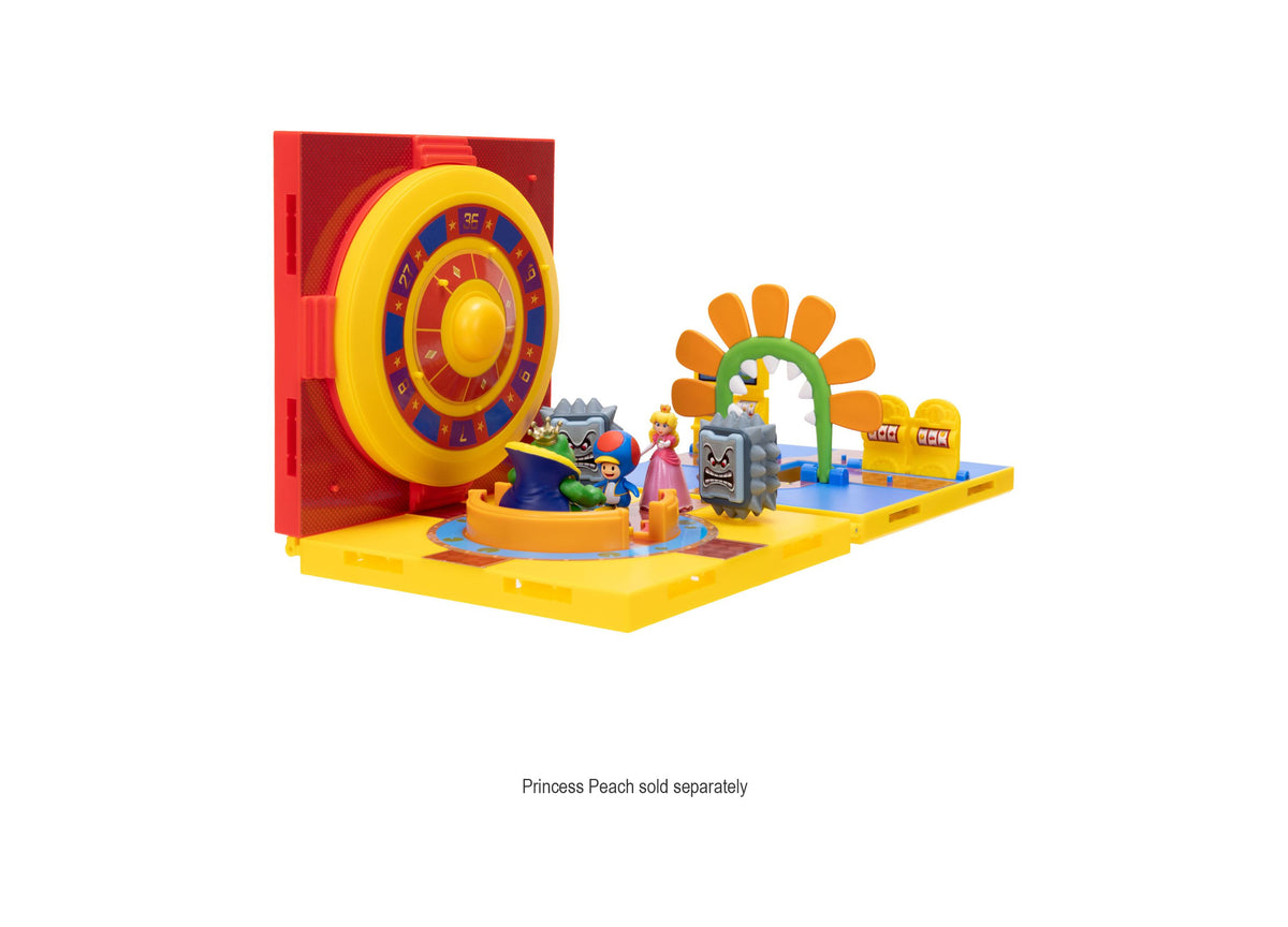 Super Mario Gateway Galaxy Interactive 2-Piece Diorama Set with yellow platform, red spinning roulette wheel, orange ...