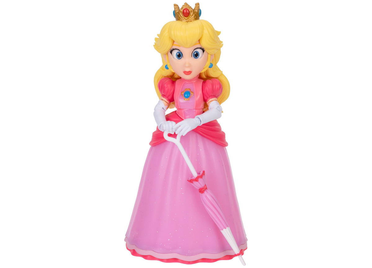 Princess Peach 5" action figure with blonde hair, gold crown, pink dress, white gloves, holding pink parasol accessory