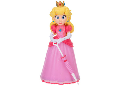 Princess Peach 5" action figure with blonde hair, gold crown, pink dress, white gloves, holding pink parasol accessory