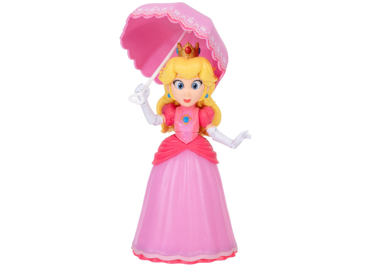 Princess Peach 5" action figure with yellow hair, pink crown, and pink dress holding a pink parasol