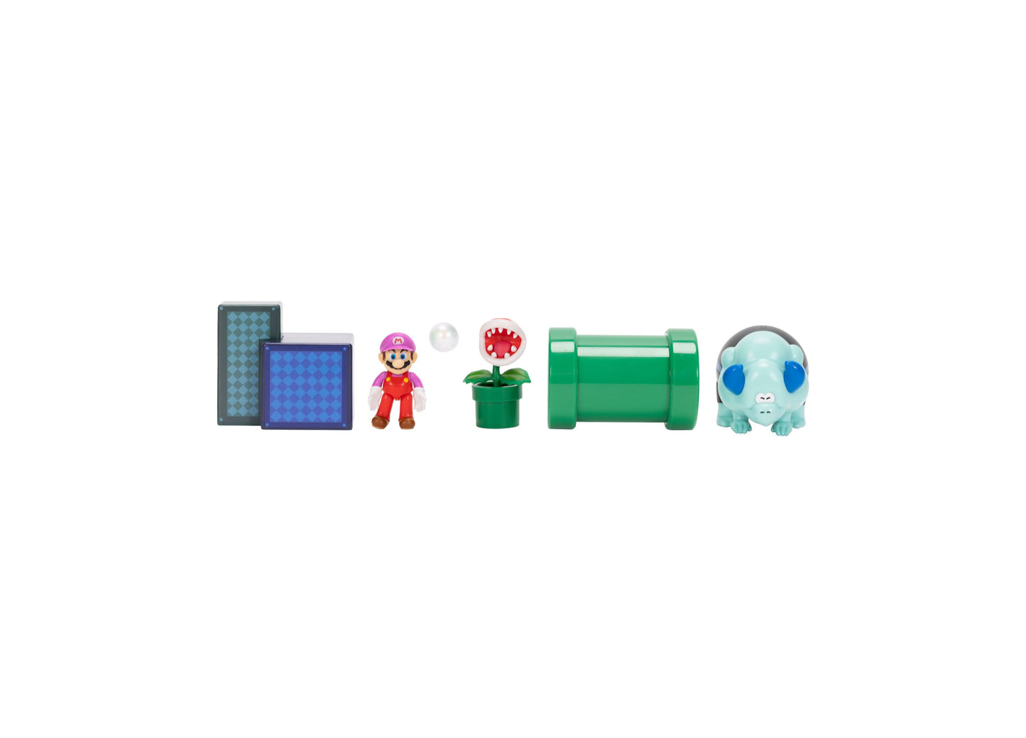 Super Mario Wonder 6-Piece Playset with Mario figure, Piranha Plant, green pipe, and Bulbasaur character