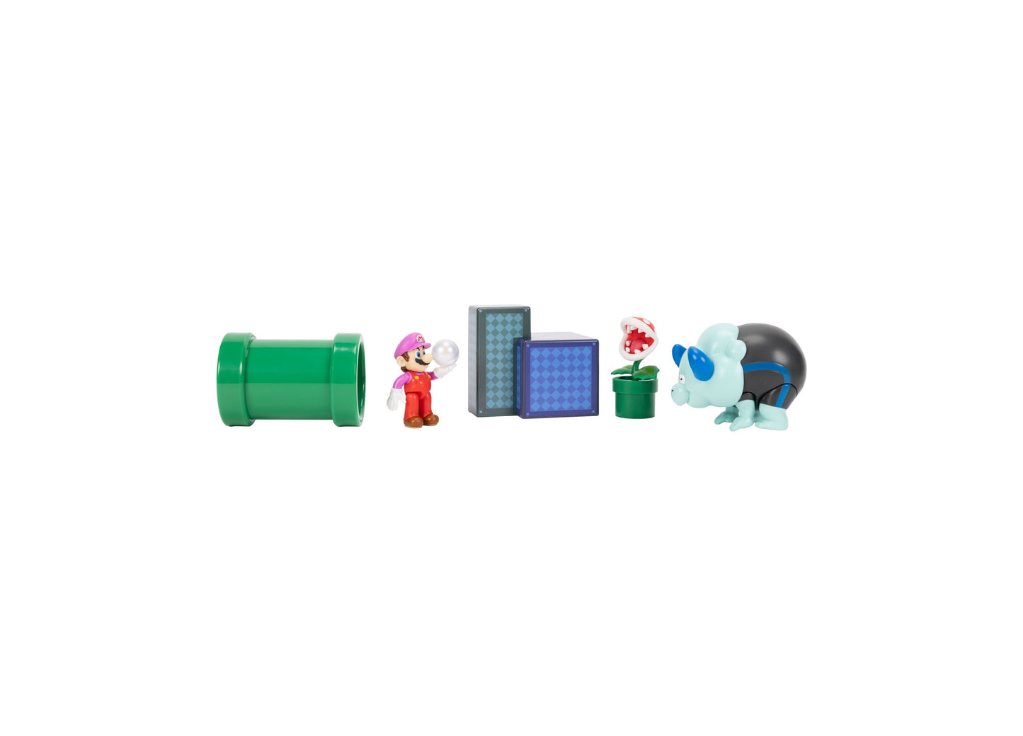 Super Mario Wonder 6-Piece Playset with green pipe, Mario figure, blocks, Piranha Plant, and Bob-omb toy