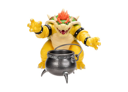 Super Mario Bowser 6" action figure with yellow body, red spiky hair, and black cauldron accessory