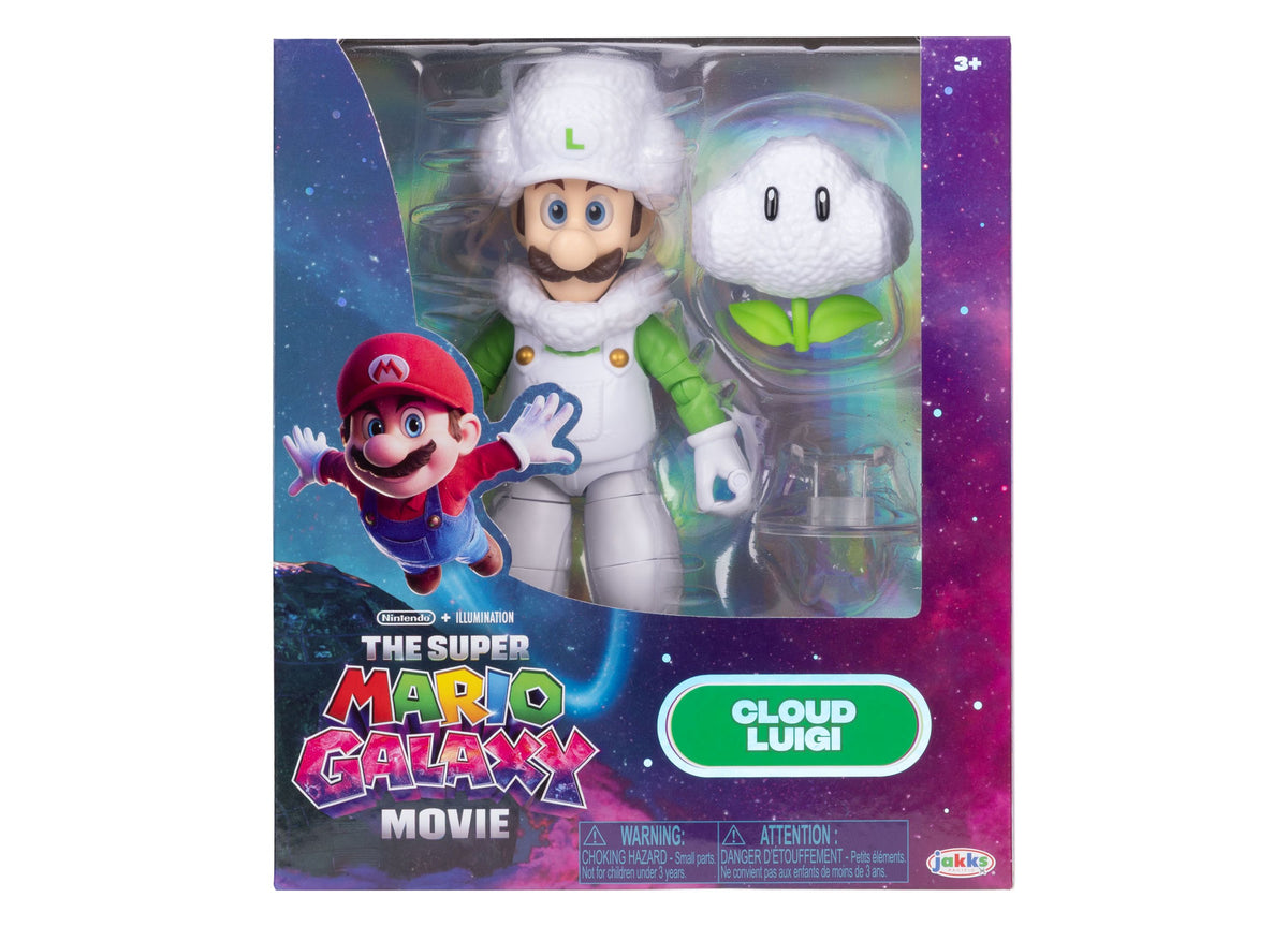 Super Mario Cloud Luigi 5" 2-Piece Action Figure with white cloud accessory and stand