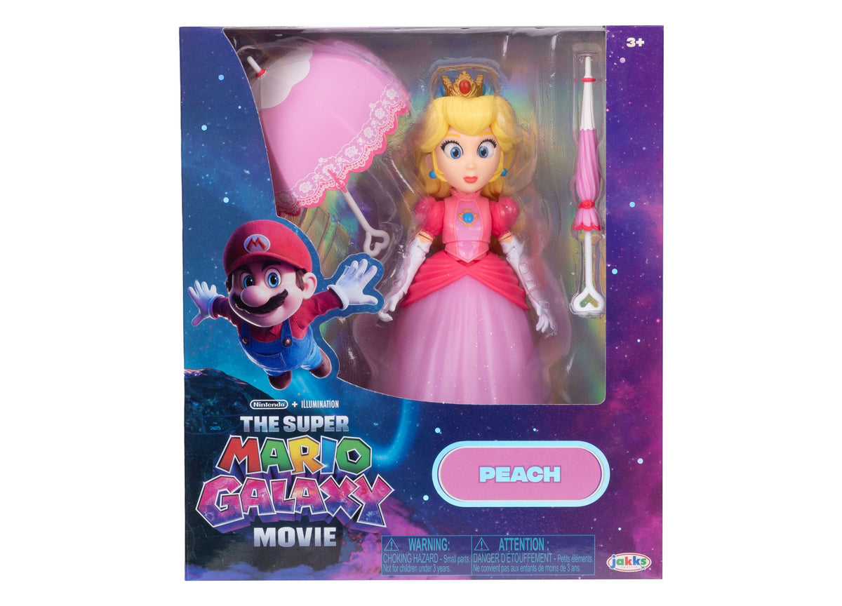 Super Mario Princess Peach 5" action figure with crown, pink dress, blonde hair, and parasol accessories from Th...