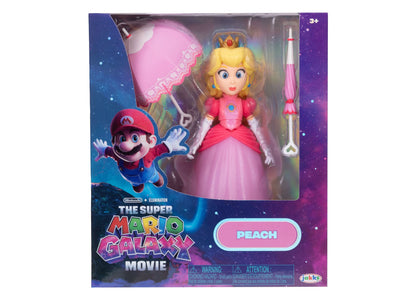 Super Mario Princess Peach 5" action figure with crown, pink dress, blonde hair, and parasol accessories from Th...