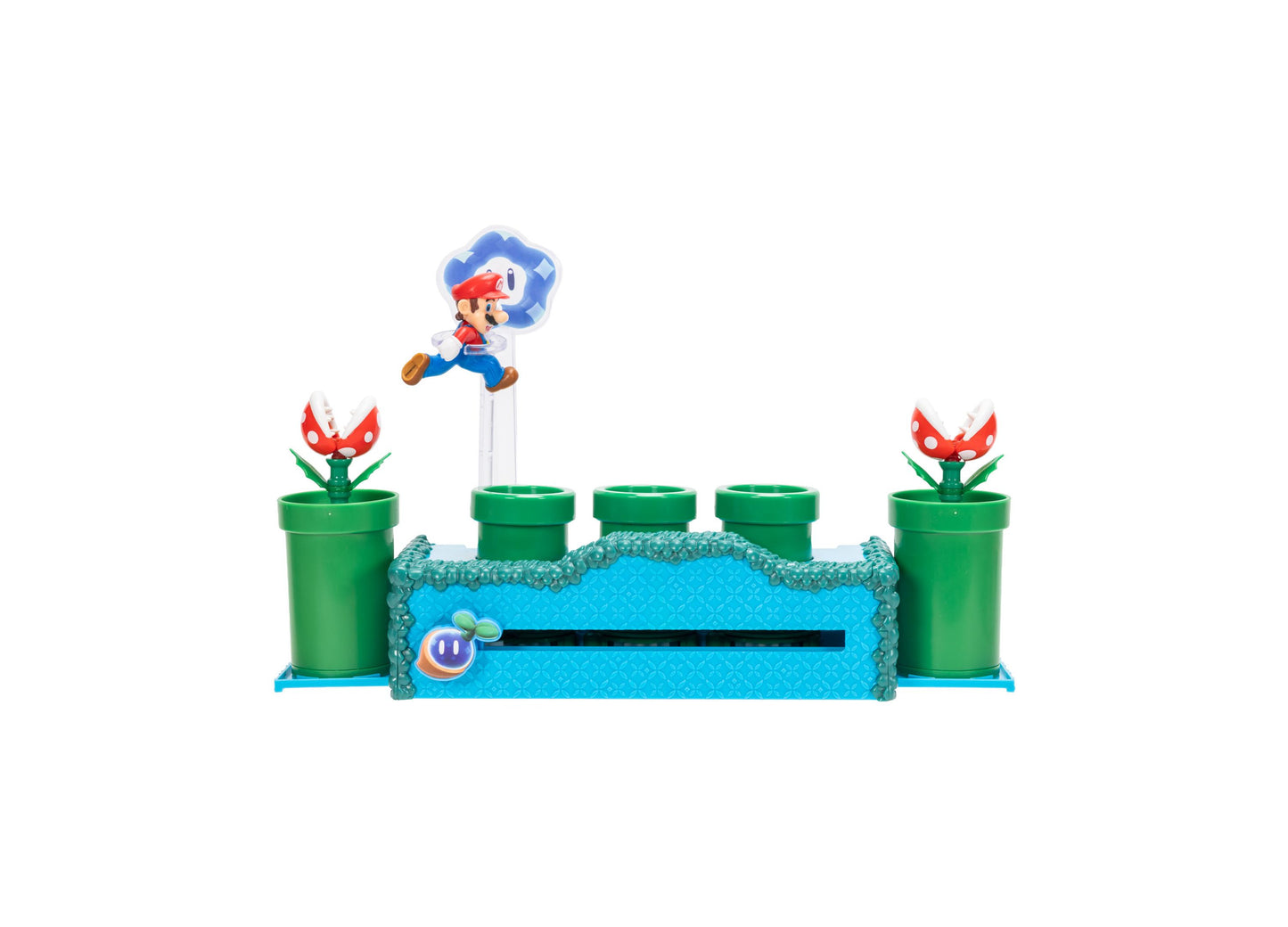 Super Mario Wonder Warp Pipe 3-Piece Playset with Mario figure, green pipes, and red Piranha Plants
