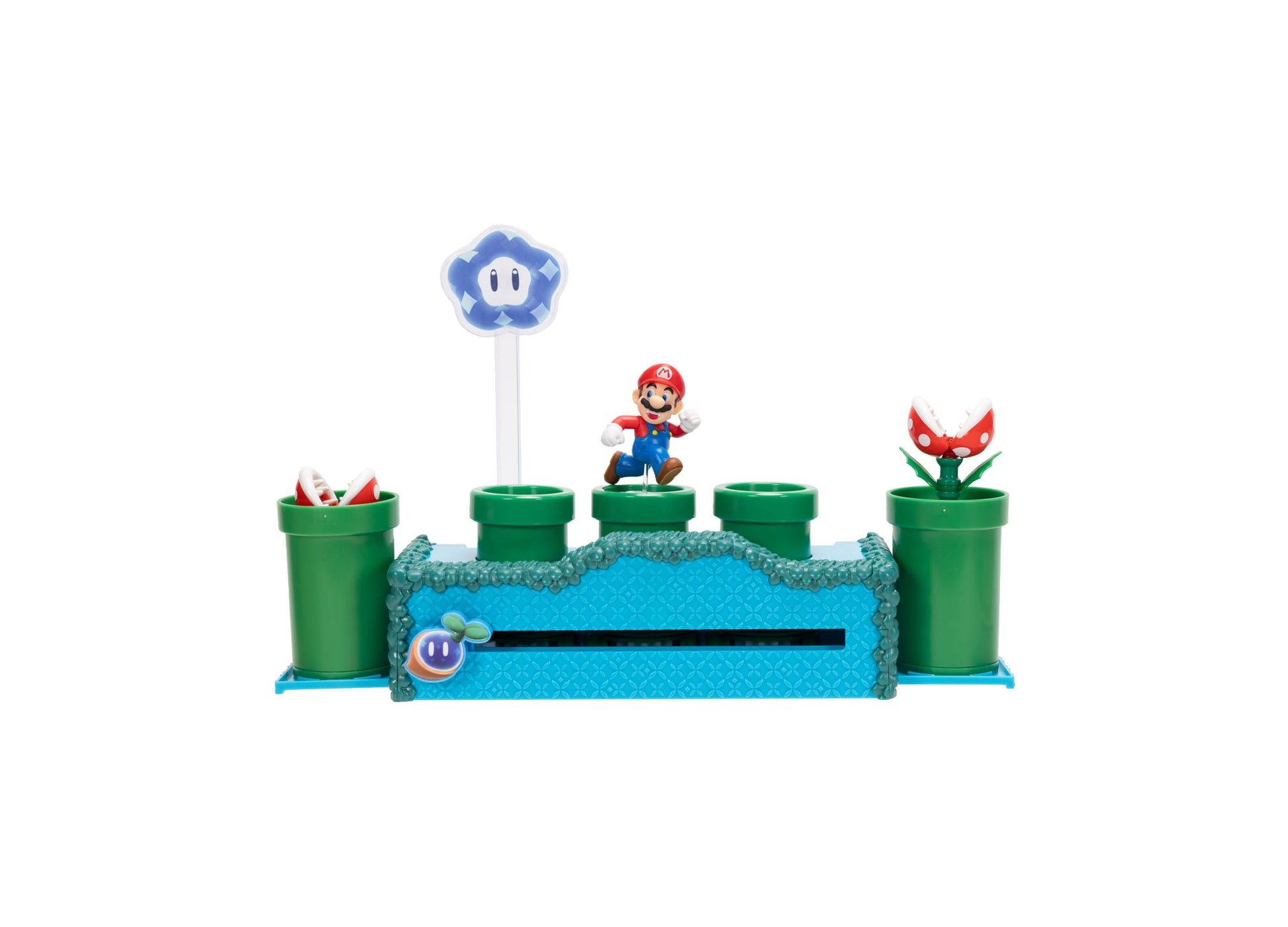 Super Mario Wonder Warp Pipe 3-Piece Playset with Mario figure, blue Spark flower, and red Piranha Plant