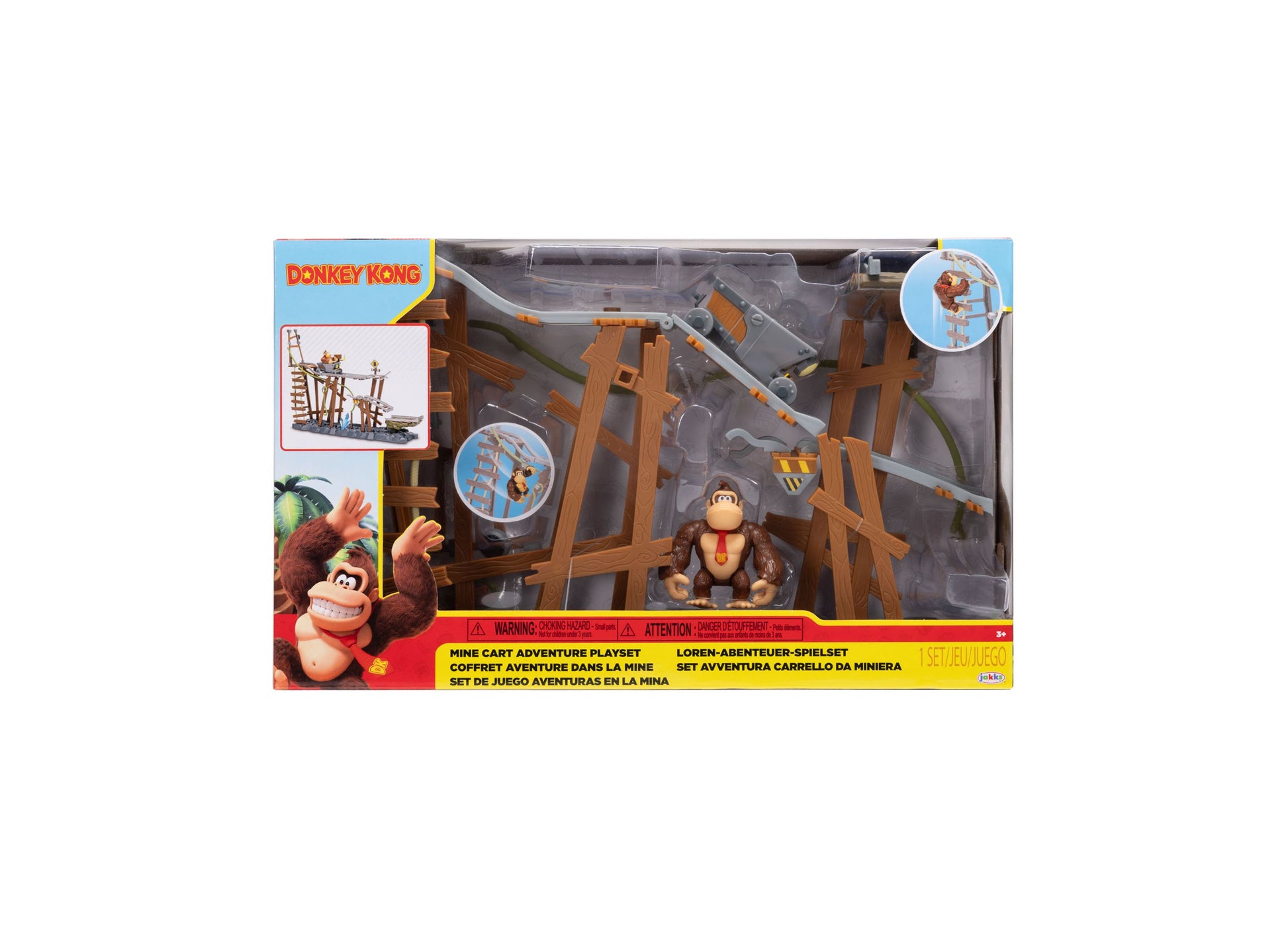 Donkey Kong Mine Cart Adventure Playset with brown wooden structure and Donkey Kong figure