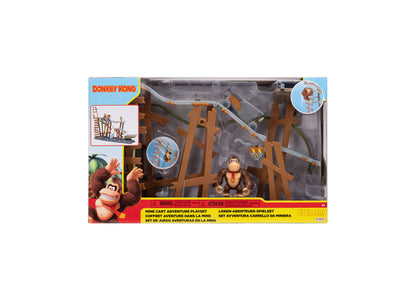 Donkey Kong Mine Cart Adventure Playset with brown wooden structure and Donkey Kong figure