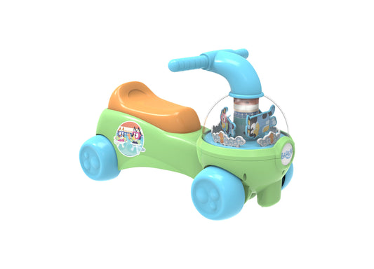 Bluey Swim Time Mechanical Ride-On in green and blue with orange seat, featuring clear dome with swimming characters