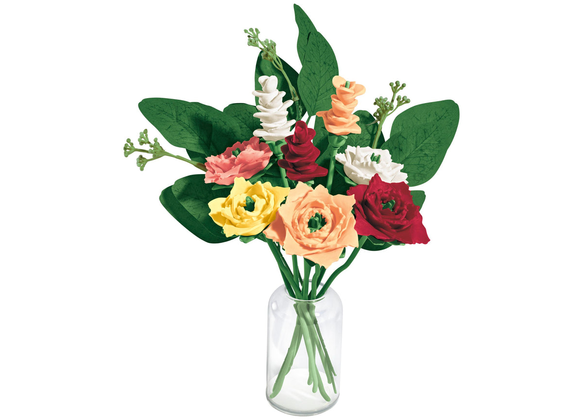 Play-Doh Blooms Rosy Petite Bouquet Kit with colorful flowers in red, white, yellow, and peach arranged in a clear va...