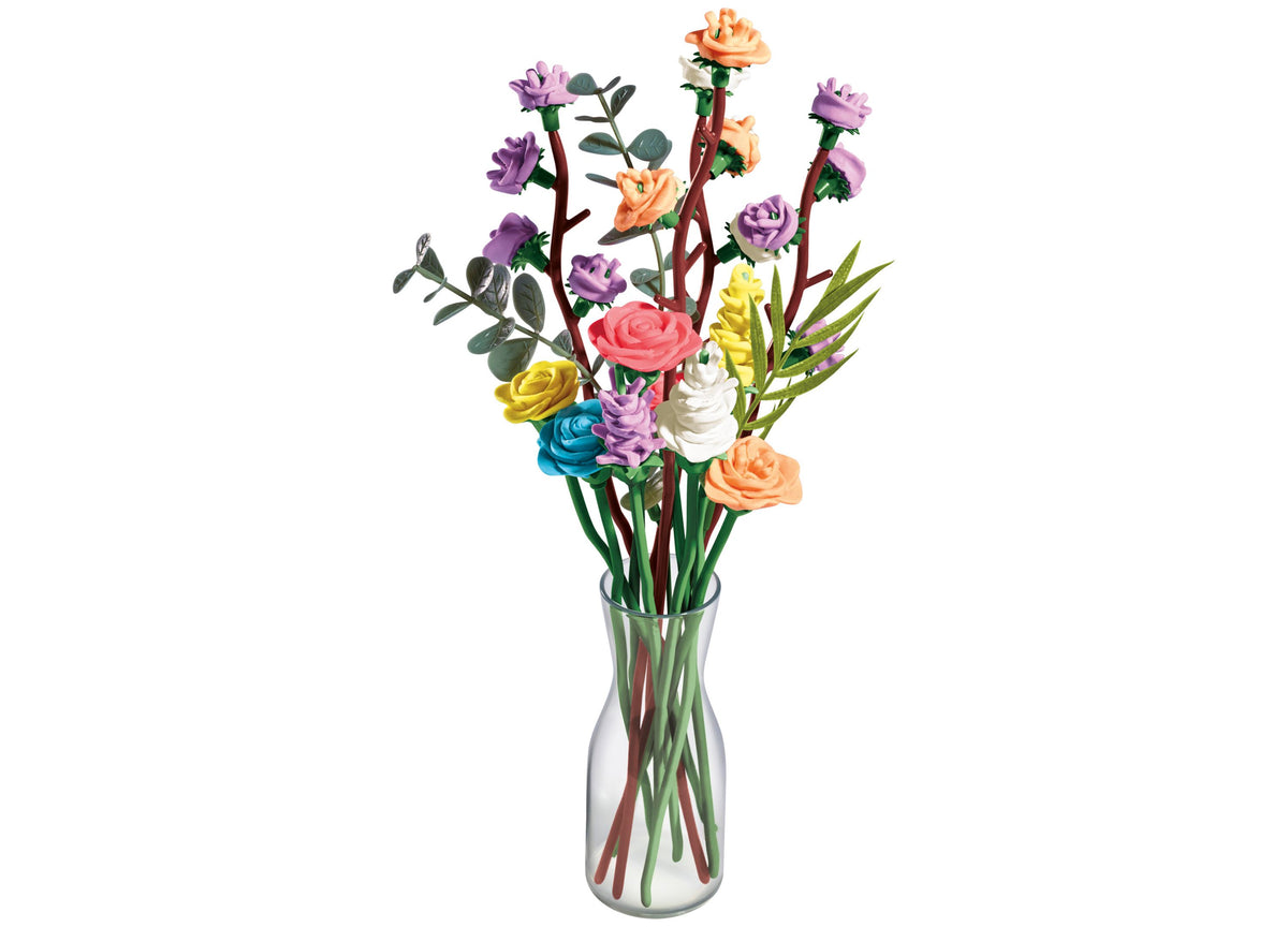 Play-Doh Blooms Wildflower Petite Bouquet Kit with colorful flowers in glass vase
