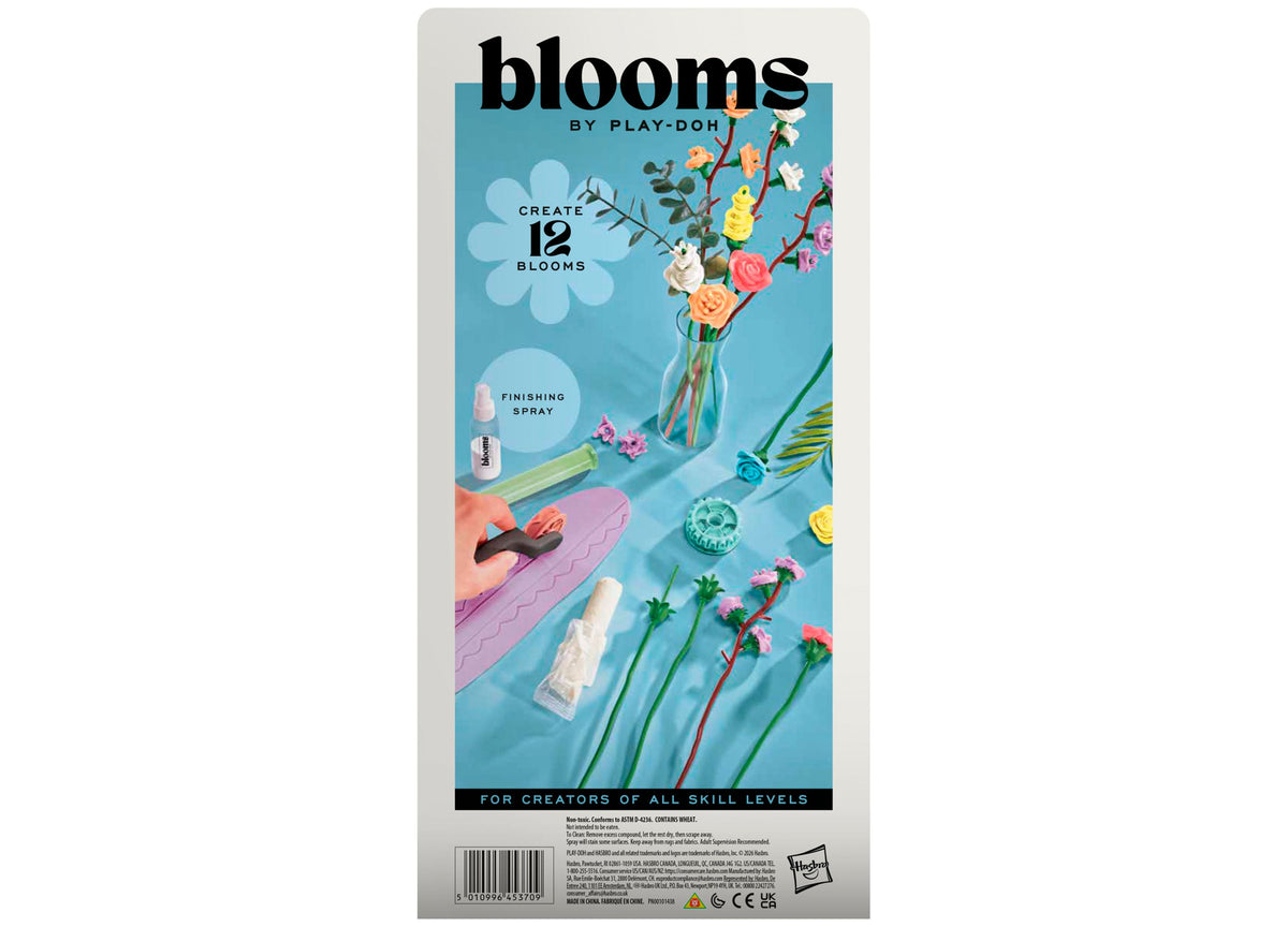 Play-Doh Blooms Wildflower Petite Bouquet Kit packaging showing colorful flowers in a vase with tools and finishing s...