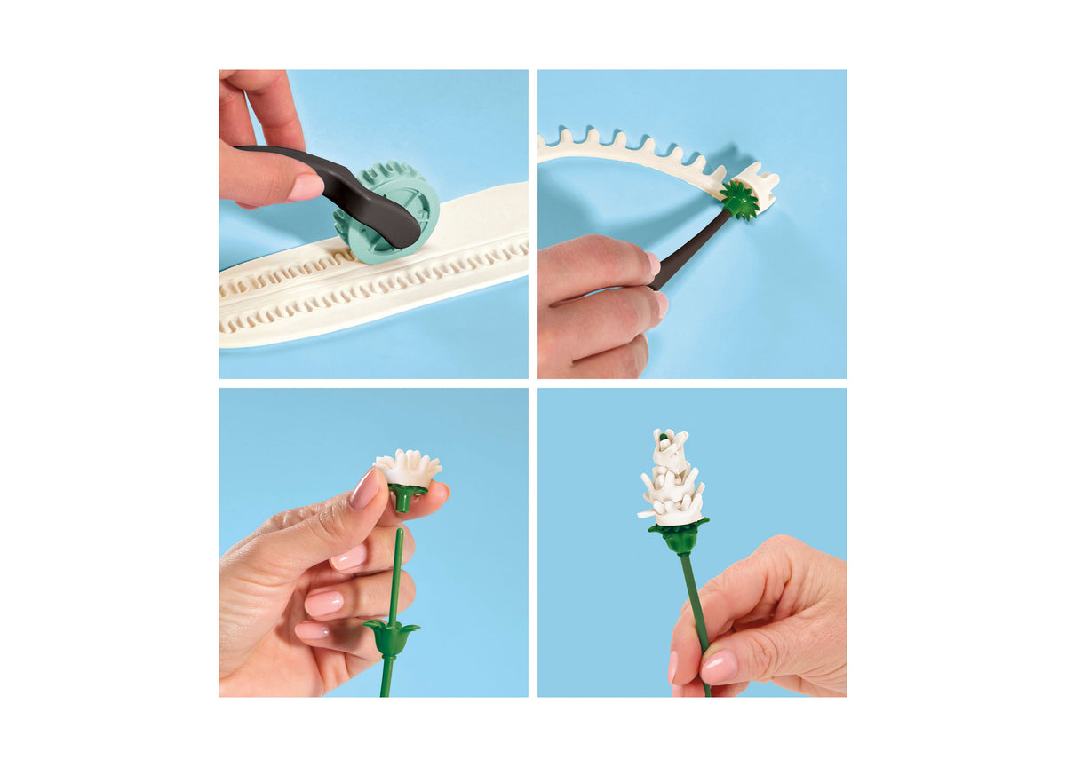 Play-Doh Blooms Wildflower Petite Bouquet Kit showing step-by-step flower creation with white petals and green stems