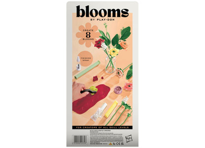 Play-Doh Blooms by Play-Doh Rosy Petite Bouquet Kit packaging showing colorful flowers, tools, and finishing spray