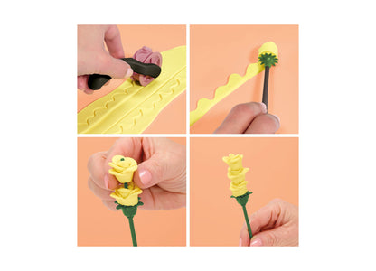Play-Doh Blooms Rosy Petite Bouquet Kit showing yellow flower creations with green stems and leaves on peach background
