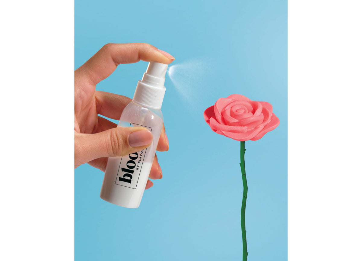 Play-Doh Blooms Wildflower Petite Bouquet Kit with spray bottle and pink rose flower on blue background