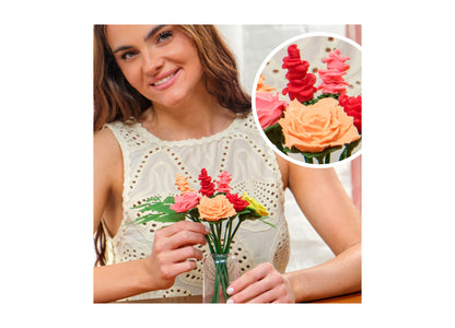Play-Doh Blooms Rosy Petite Bouquet Kit with red, pink, and orange flowers in vase